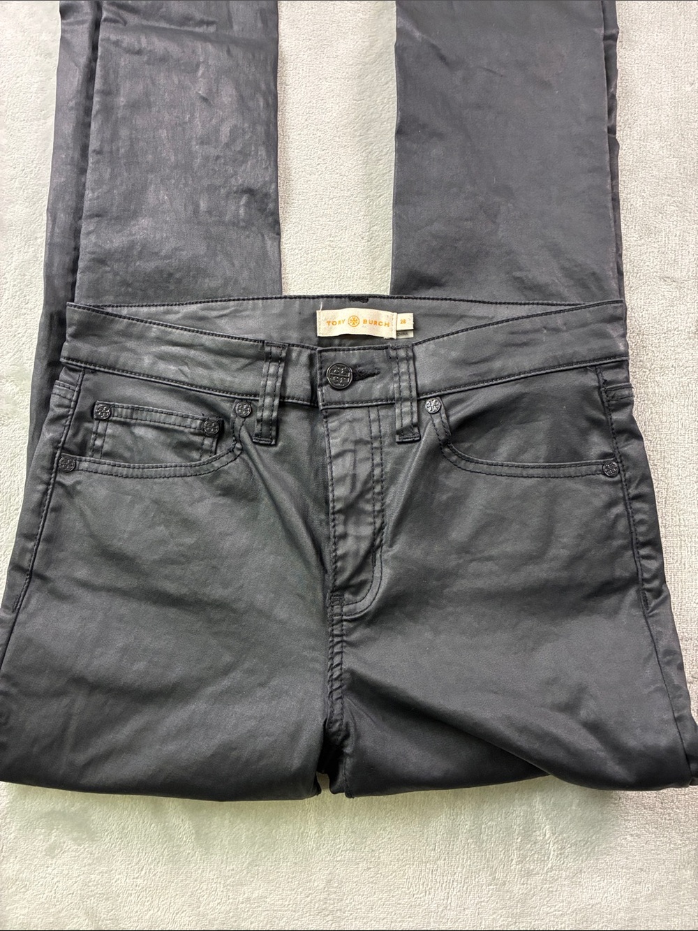 Tory Burch Black Coated Skinny Jeans Womens 26 Waxed Leather Look Pants